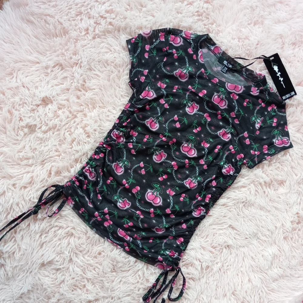 SOLD! Dolls Kill cherries ruched baby doll top! Sheer mesh kawaii cute nwt top! - Picture 4 of 13